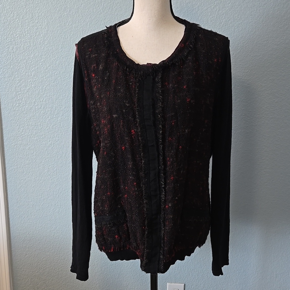 ELIE TAHARI Sweater Black Red Tweed Snap Closure Cardigan Long Sleeve Wool Sz XL
